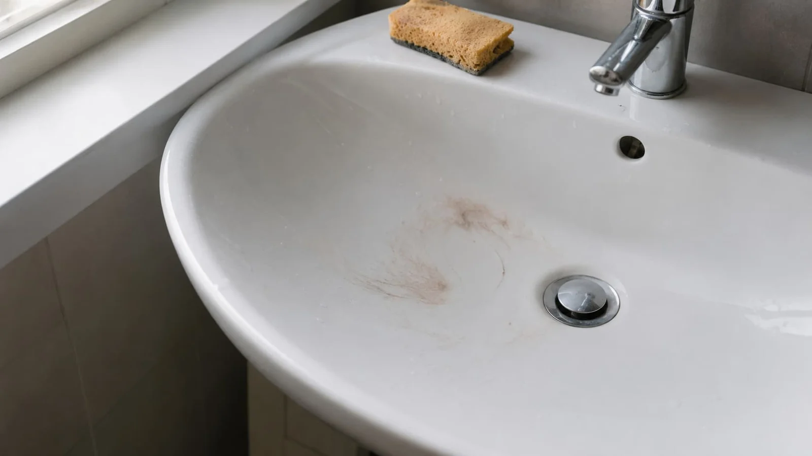 Trace de coloration à nettoyer sur le lavabo après le rinçage
